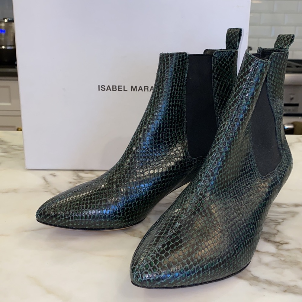 Isabel Marant forest green snake skin booties